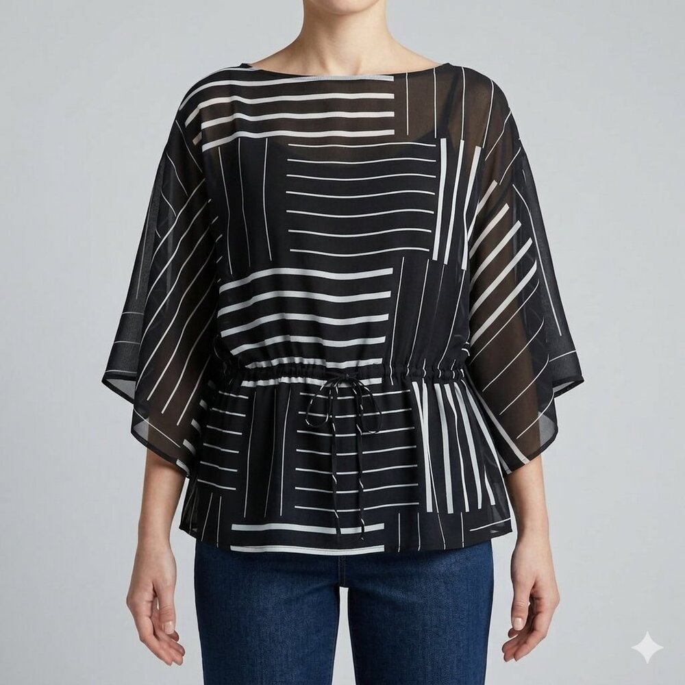 Chaps Sheer Drop-Shoulder Wide Sleeve Blouse Size M